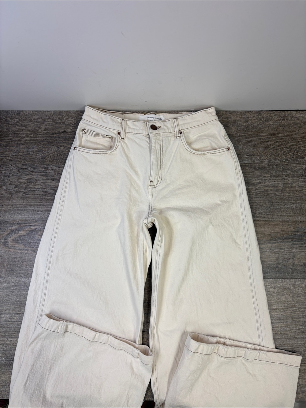 Seventy + Mochi Cream High Rise Wide Leg Jeans Contrast Stitching 28/32 - Picture 3 of 14
